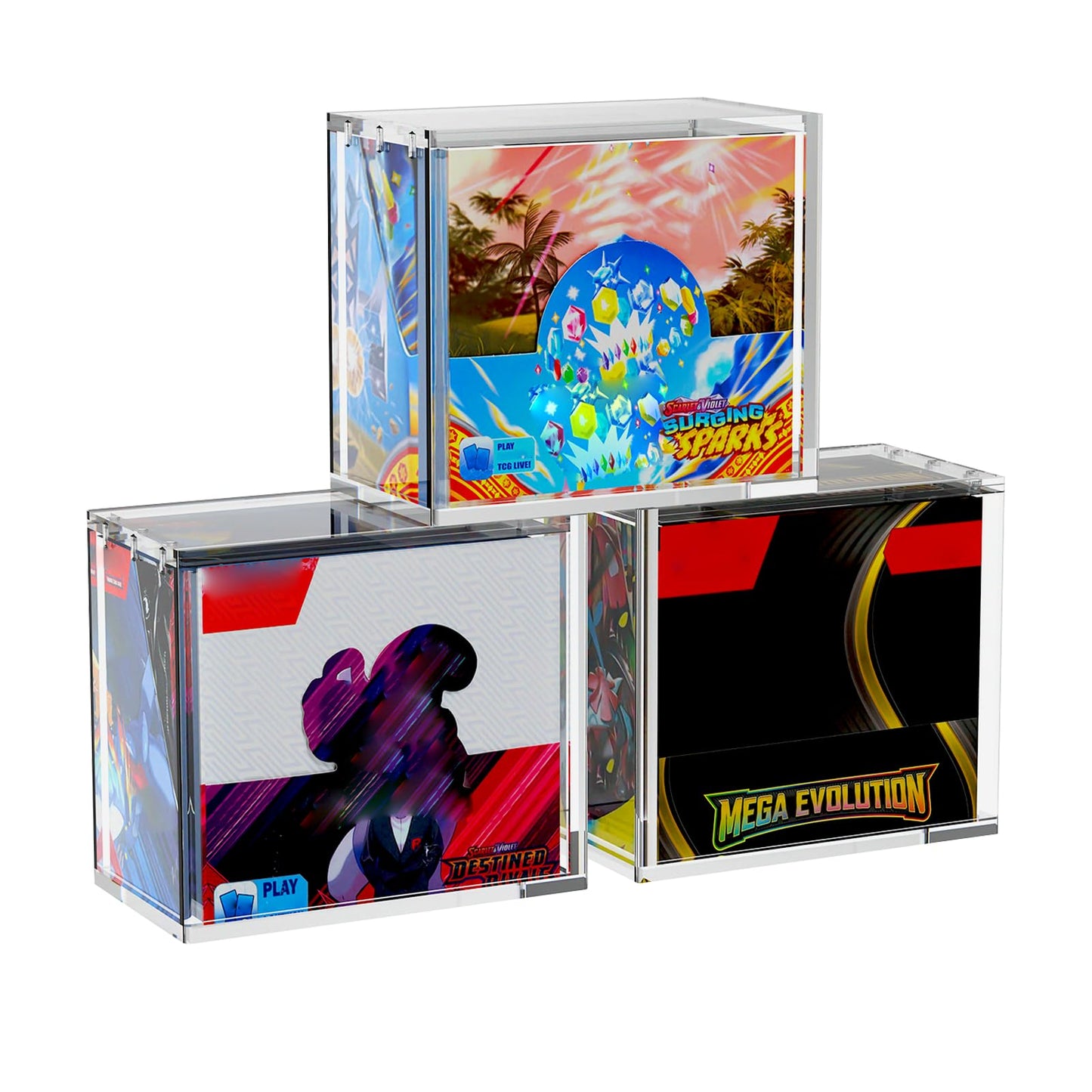 PKMN Booster Box Acrylic Case Protector(3 Pack)–Ultra Thick 6/8mm Clear Acrylic Display Box with Sliding Slot & 5mm Magnetic Lid,Rounded Edges,Collector Case Compatible with Trading Card Booster Boxes