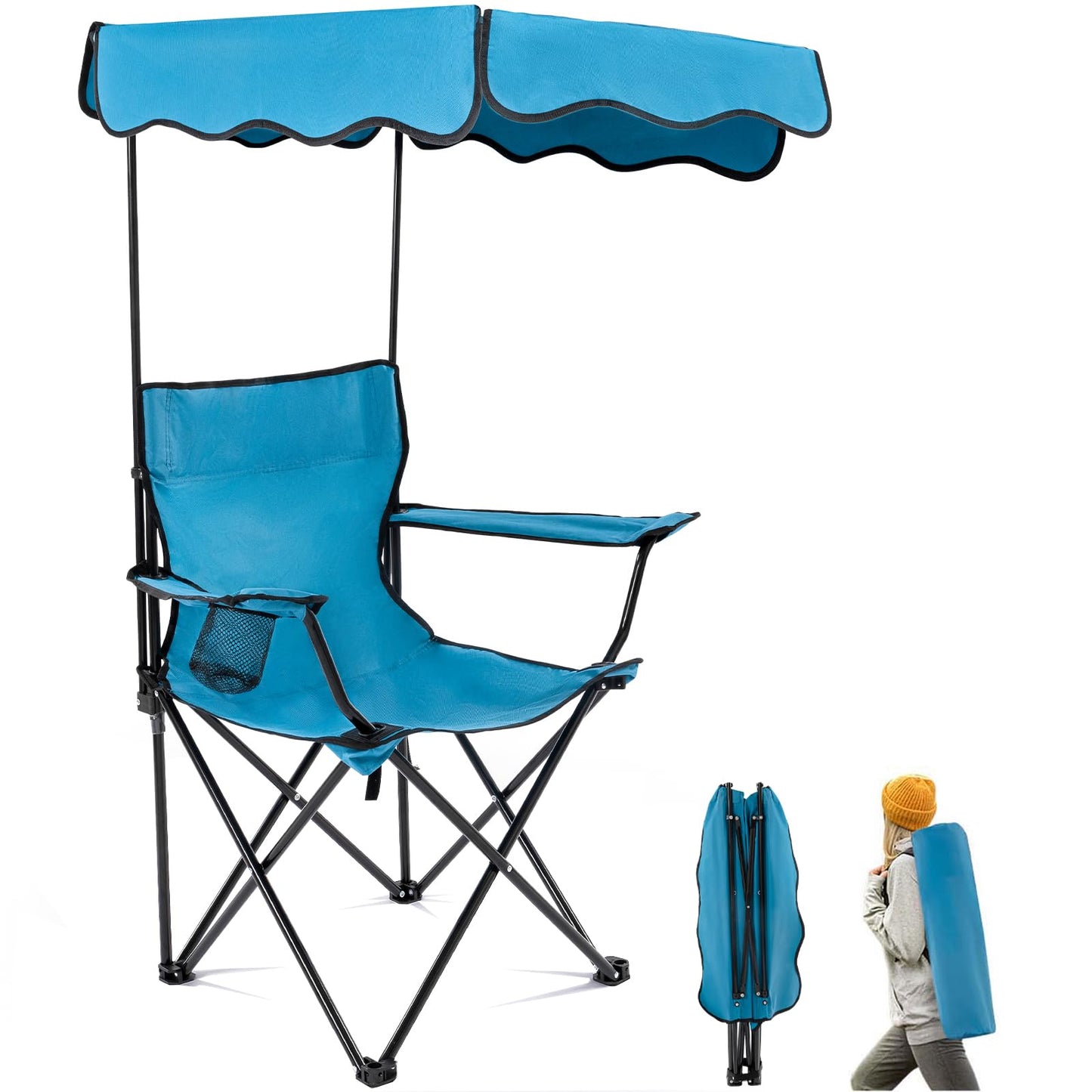 rotinyard Folding Camping Chair with Canopy Shade for Adults, Portable Beach Chairs with Umbrella Support 330 lbs, Heavy Duty Lawn Chair with Cup Holder for Outdoor Fishing Picnic Garden Sports Patio