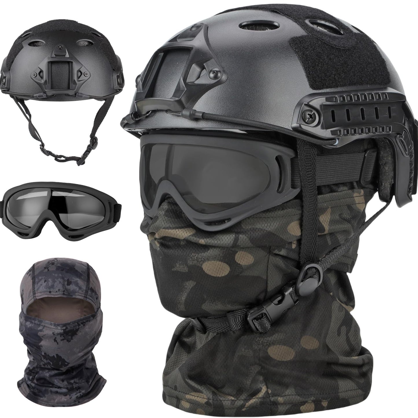 SANYETS Airsoft Helmet, Black PJ Tactical Helmet with Night Vision Mount,Paintball Goggles and Balaclava Face Mask,Men's Military Costume,Tactical Airsoft Gear