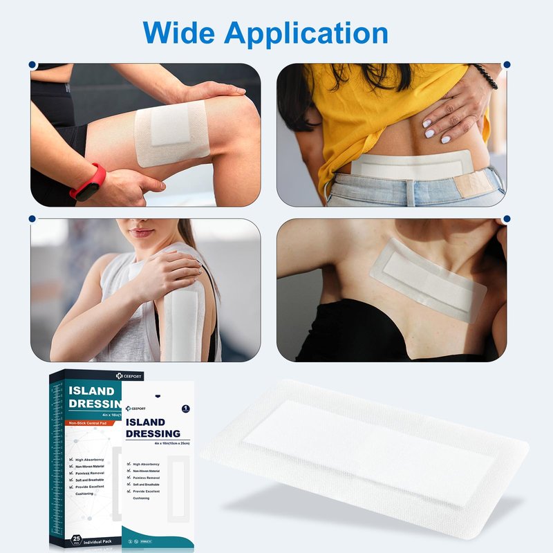 Ceeport Island Dressing Bordered Gauze 4"x10", 25 Individually Packed Non-Stick Pad in Center with Adhesive Border,Soft & Highly Absorbent Medical Grade Dressing Gauze Pad for Wound Care and First Aid