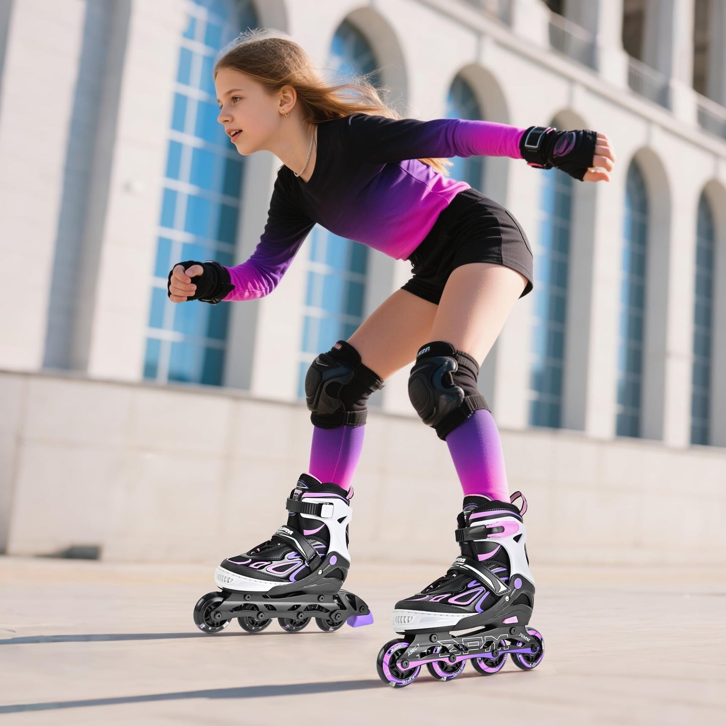 2PM SPORTS Vinal Inline Skates for Girls Boys Kids Ages 5-8 8-12 with Adjustable Illuminating Wheels, Inline Roller Skates for Youth Women Men - Purple Pink Small