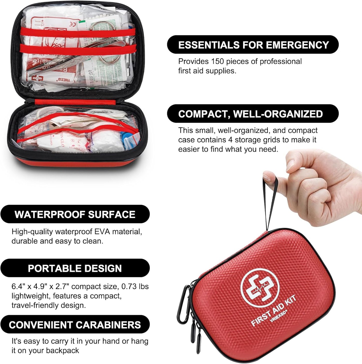Mini First Aid Kit - 150-Piece Waterproof Hard Shell Medical Kit for Home, Travel & Outdoor Emergencies | Red