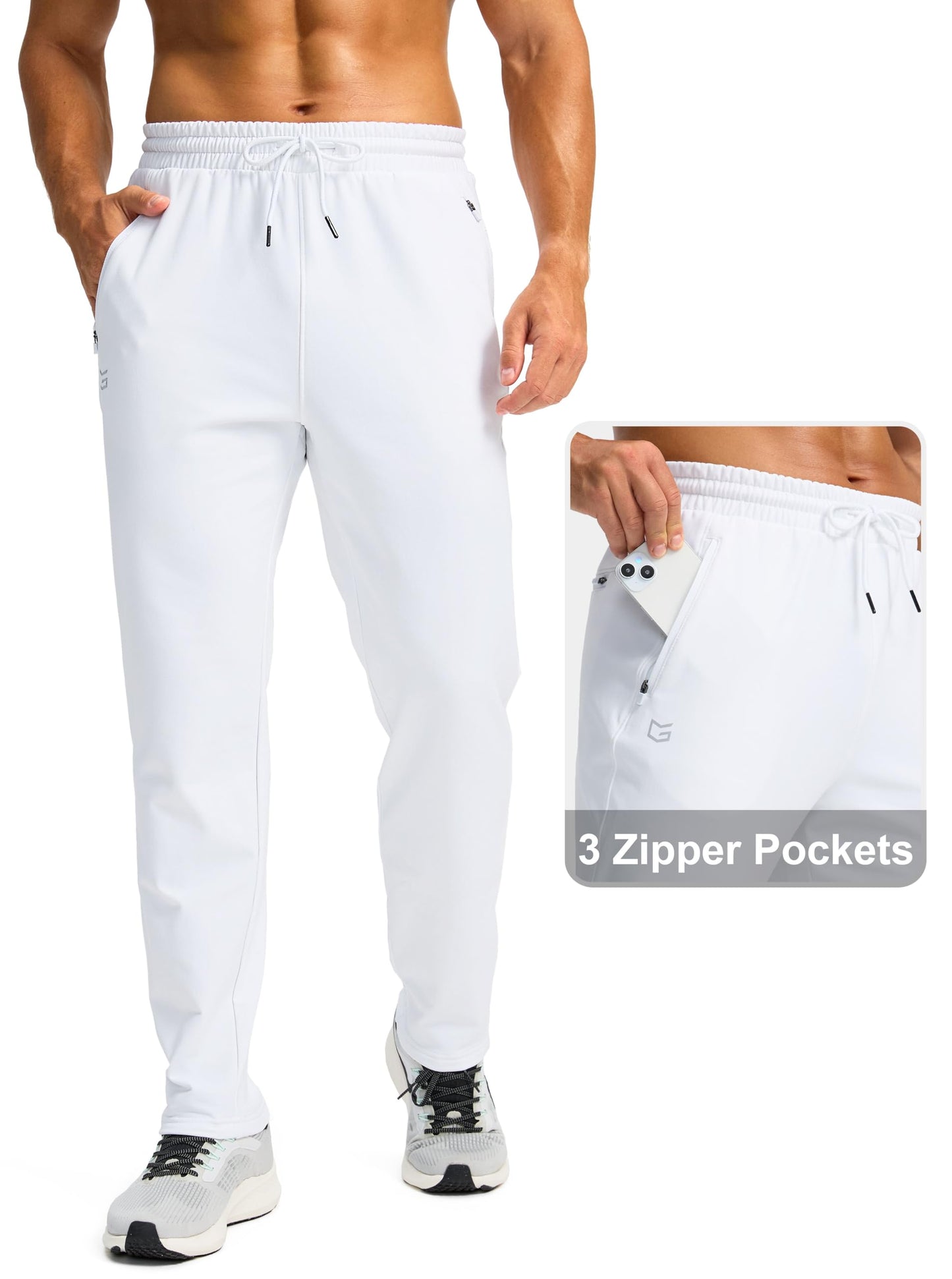 G Gradual Men's Fleece Lined Winter Pants with 3 Zipper Pockets Warm Athletic Joggers Workout Running Sweatpants for Men(White,L)