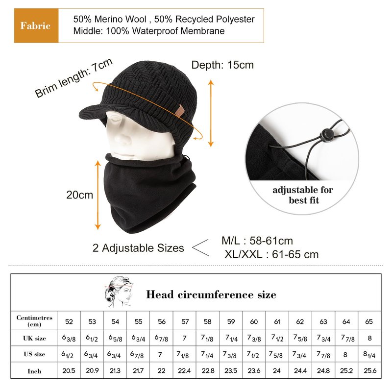 TOP-EX DryKnit™ Waterproof Merino Wool Visor Beanie with Brim & Fleece Neck Warmer Set – Warm Winter Knit Hat for Men & Women Cold Weather Ski Hiking Golf Black M/L