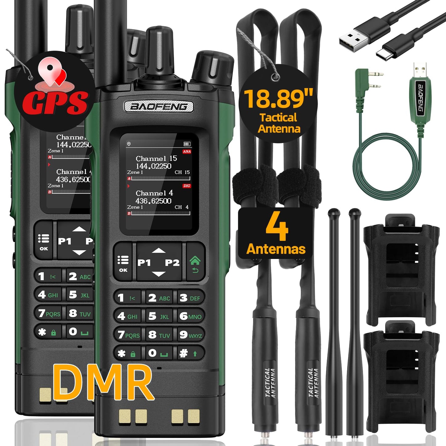 BAOFENG DM32 DMR Radio Ham Radio Handheld Rechargeable Walkie Talkies Long Range DM32UV Two Way Radio NOAA Weather Radio with GPS, Copy Frequency Battery USB-C Charger with Radio Holster (2Pack)