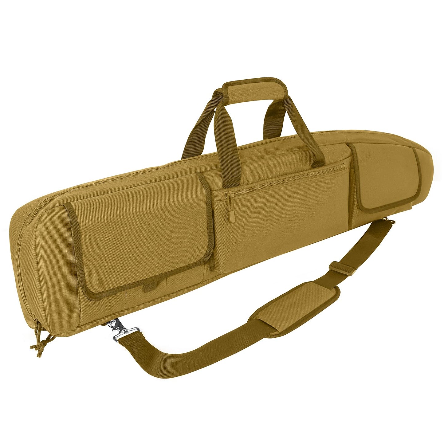DULCE DOM Double Rifle Case, 38 42 44 inch Soft Gun Tactical Bag for Shooting Range, Movable Divider for 1 or 2 Gears, Multiple Magazine Pouches & Accessory Bags (Khaki, 44'')