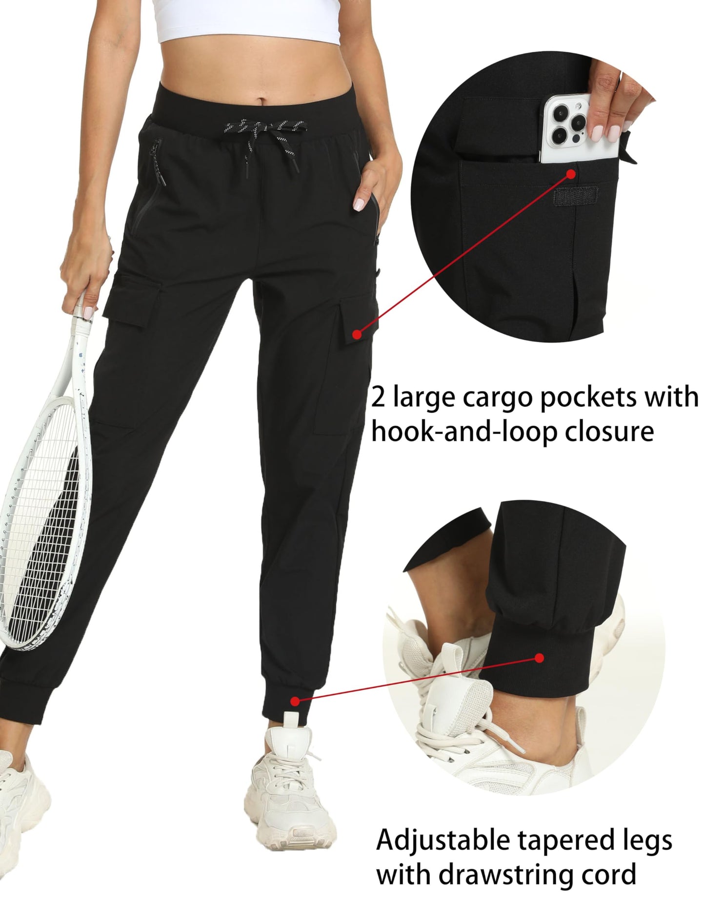 zsenoxaxi Women's Joggers Cargo Pants Lightweight Quick Dry Hiking Running Pants for Athletic Casual & Outdoor(Black,M)