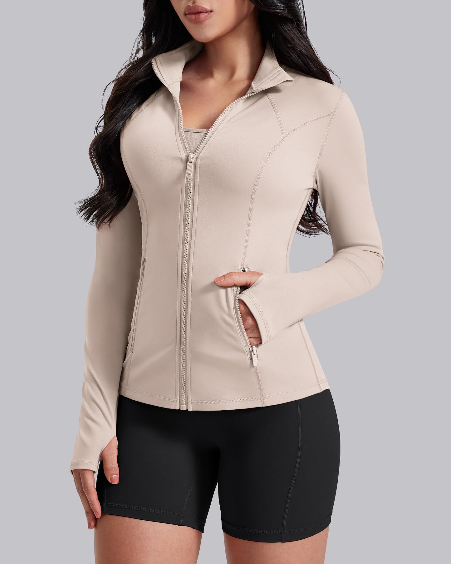 AVGO Womens Workout Jackets Lightweight Athletic Zip Up Jacket Slim Fit Running Gym Top with Pockets & Thumb Holes(Almond, S)