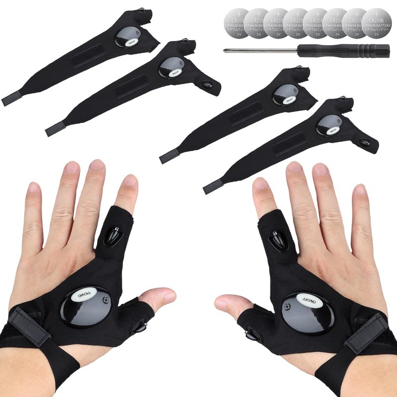 OMASUNB Flashlight Gloves for Men, 4 PCS (2 Pairs) LED Gloves, with Finger Flashlights for Fishing, Repairing and Camping, Ideal Gifts for Men, Dads and Boyfriends on Valentines Day and Birthdays