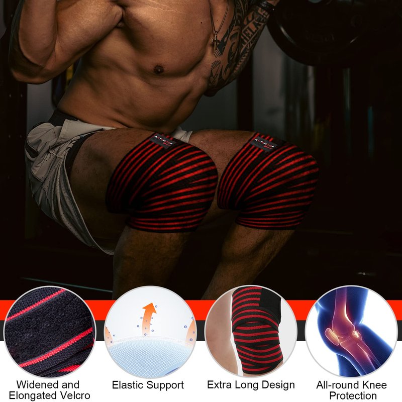 Knee Wraps + Wrist Wraps + Weight Lifting Straps Bundle (3 Pairs) for Weightlifting Bodybuilding Strength Training Workout Gym, Fitness Protective Set for Men & Women(Red)