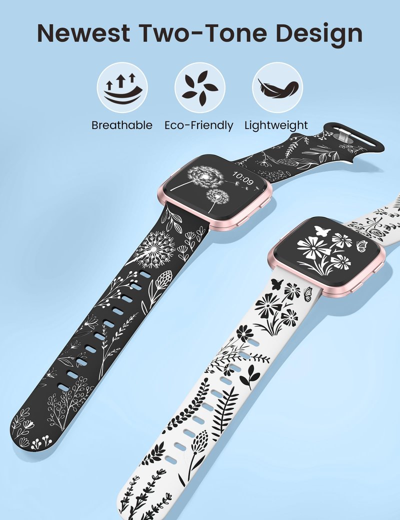 Wearlizer 2 Packs Floral Engraved Band Compatible with Fitbit Versa 2 Bands for Women, Two-Tone Flower Soft Silicone Cute Sport Strap for Versa Lite/SE Smart Watch