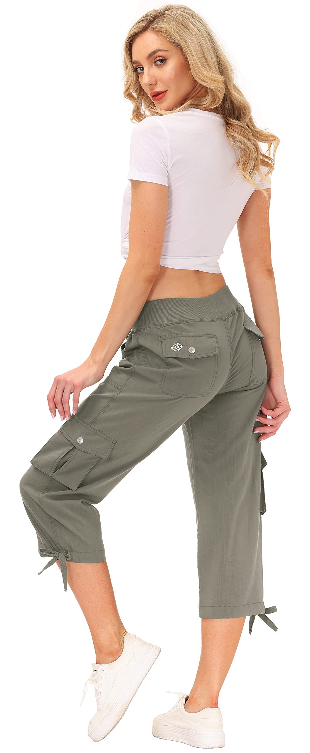 MoFiz Women's Cargo Hiking Pants Lightweight Quick Dry Running Capri Pants Athletic Workout Casual Outdoor Button Pockets Grey Khaki S
