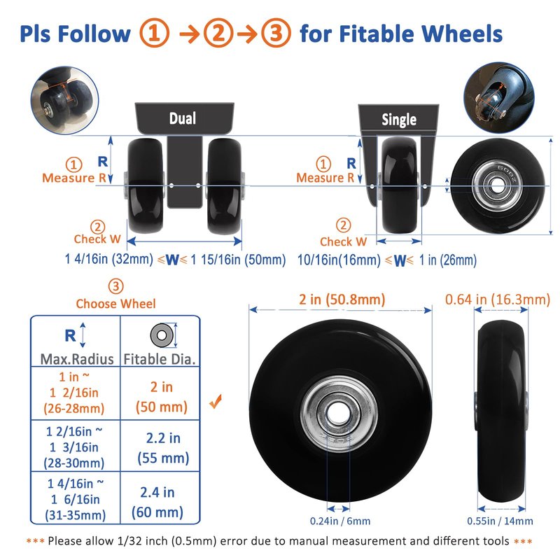Luggage Wheels Replacement 50x14mm, 8PCS Swivel Caster Wheels with Axles & Repair Kit, Precision Ball Bearings for Quiet Smooth Rolling, Fit for Suitcase, Travel Trolley Bag, Cart Dolly, Black