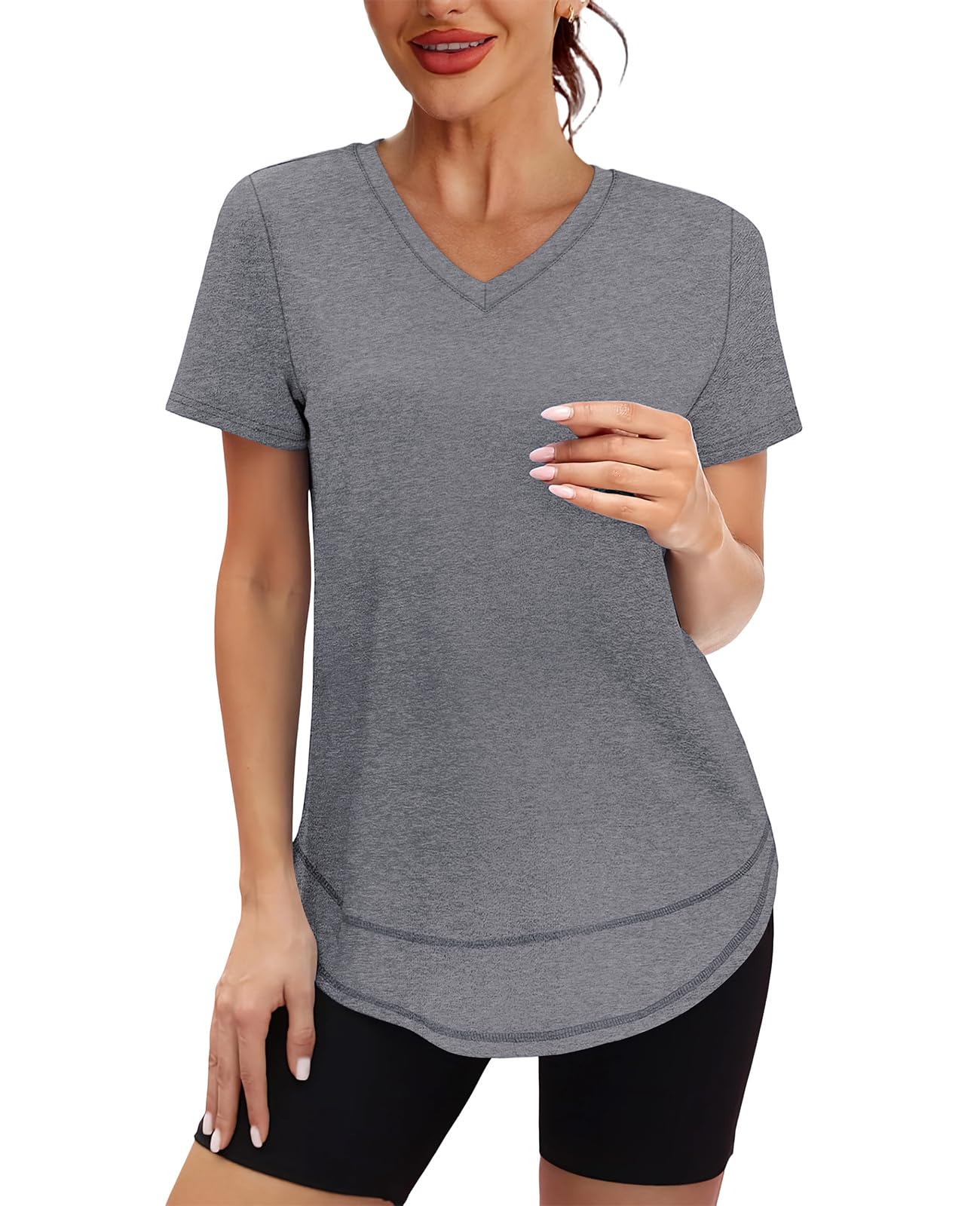 Short Sleeve Shirts for Women Workout Yoga Tops Sun Protection Clothing Summer Outfits Rash Guard Side Slit V Neck Grey XL