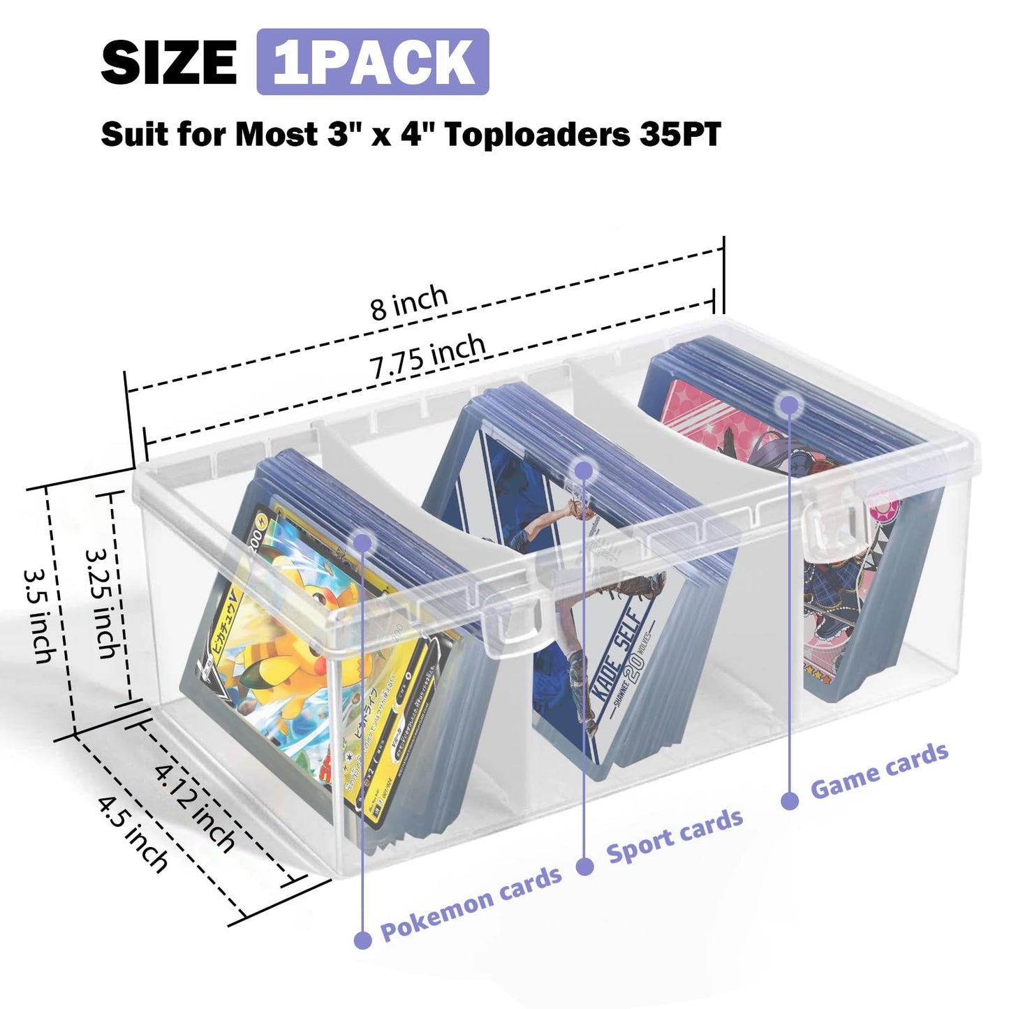Trading Card Storage Box with 2 Dividers,Toploads Storage Box Plastic Baseball Card Storage Box for 500+ Sports Cards 100+ Top Loads for MTG Magic TCG Yugioh Playing Card Case Holder (1 Pack)