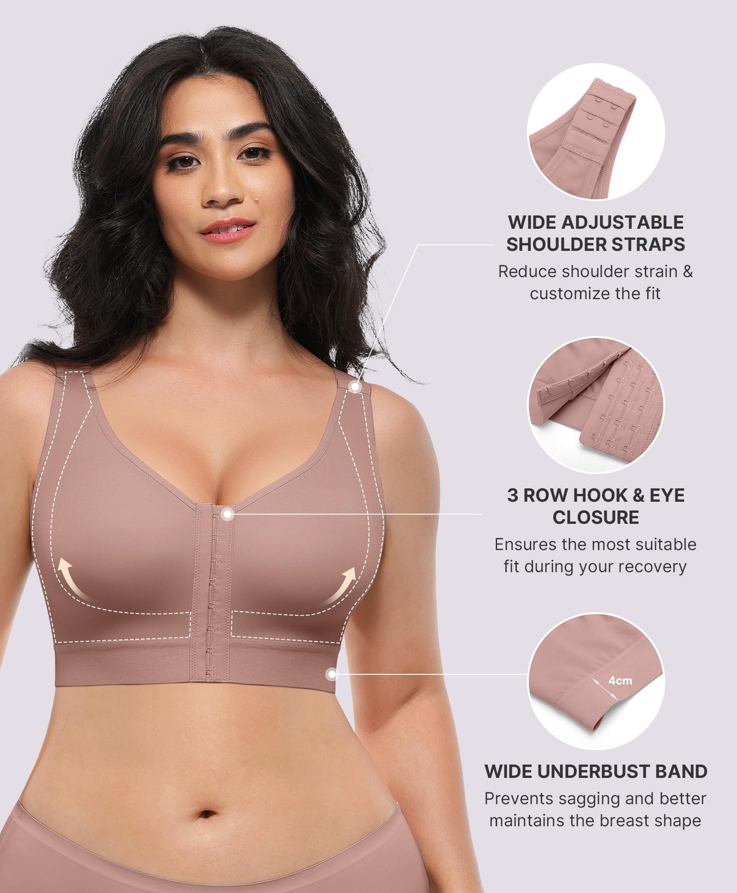 SHAPELLX Front Closure Bra for Women Post Surgery Compression Bra Post Op Support with Adjustable Straps Wirefree Brown