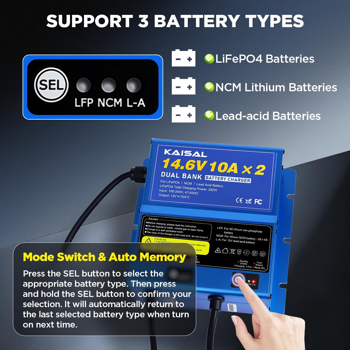 2 Bank Marine Battery Charger 12V 20A(10A/Bank) IP67 Waterproof 14.6V LiFePO4 & Lead-Acid & NCM Lithium Battery Charger 12 Volt 0V Wake Up 12V Charger, Onboard Charger for Boat, Car,RV, Trolling Motor