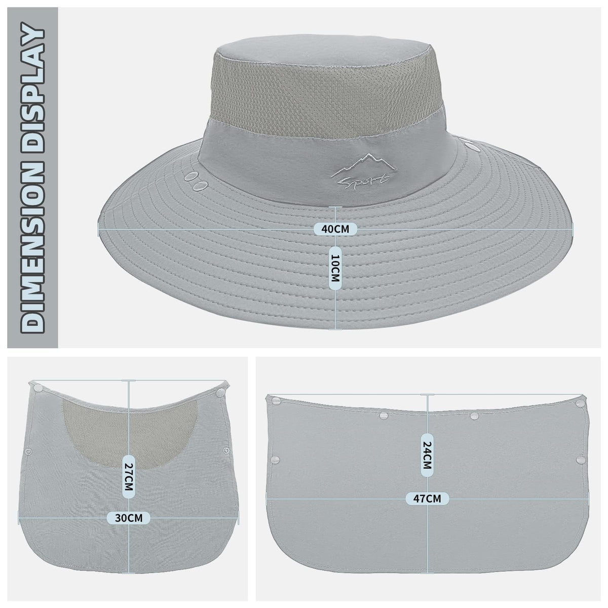 Fishing Hat for Men Sun Protection Hat with Removable Mesh Face Neck Flap Cover Windproof Strap for Men and Women Light Gray