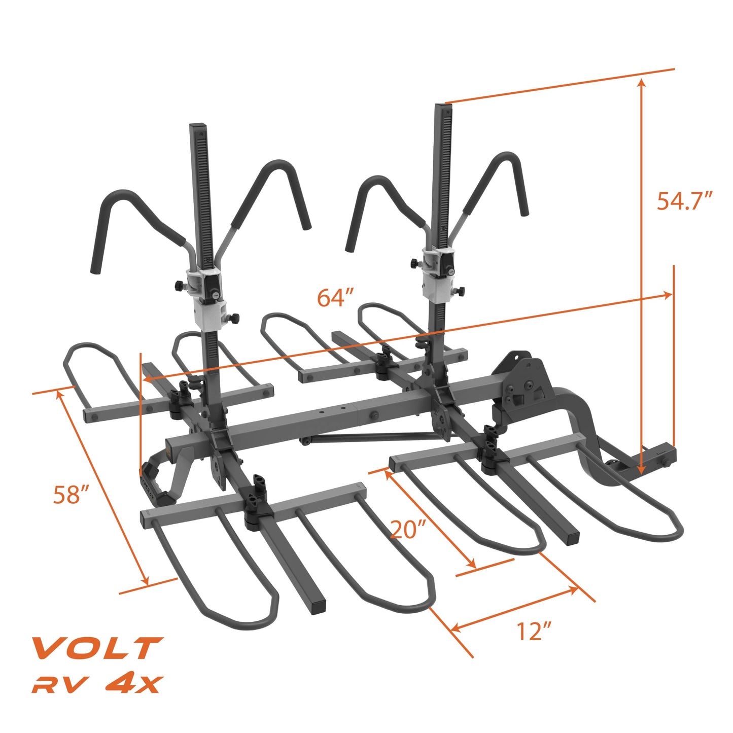 HYPERAX Volt RV 4X - RV Approved Hitch Mounted 4 Bike Rack Carrier for RV, Camper, Trailer,Motorhome, Toad with 2" Class 3 or Higher Hitch Fits Up to 2x75lb E Bike +2X50lb Bikes with Up to 5" Fat Tire