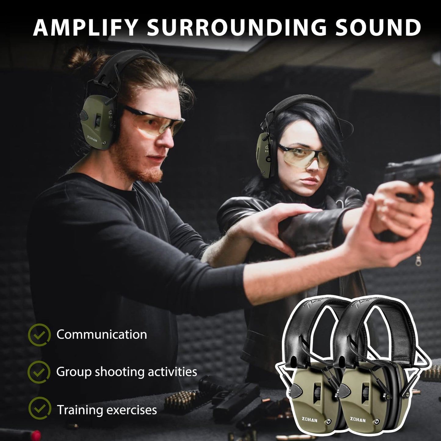 ZOHAN EM054 Electronic Shooting Ear Protection with 4X Sound Amplification 2 Pack,Slim Active Noise Reduction Earmuffs for Gun Range