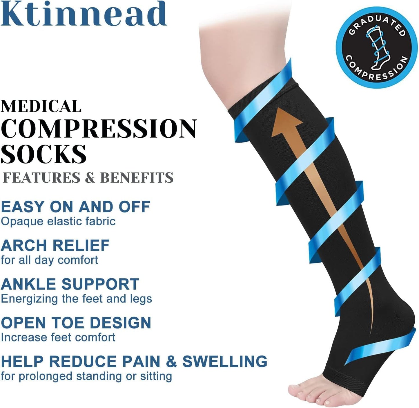 Ktinnead Compression Socks for Women and men 20-30 mmhg, Knee High Graduated Compression Stockings, Opaque, Open Toe, Unisex, Beige & Black, Medium