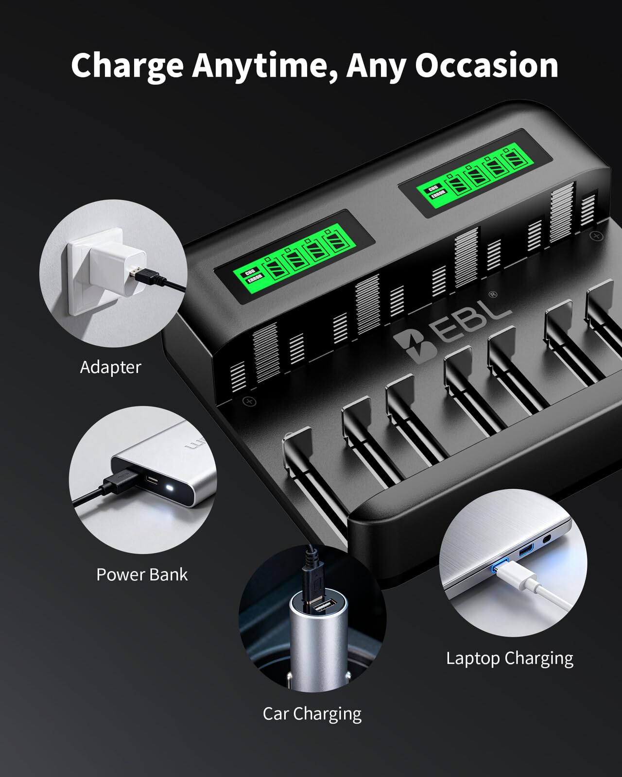 EBL LCD 8 Bay Battery Charger, AA AAA C D Rechargeable Battery Charger for Rechargeable Batteries Ni-MH AA AAA C D Batteries with Type C Input