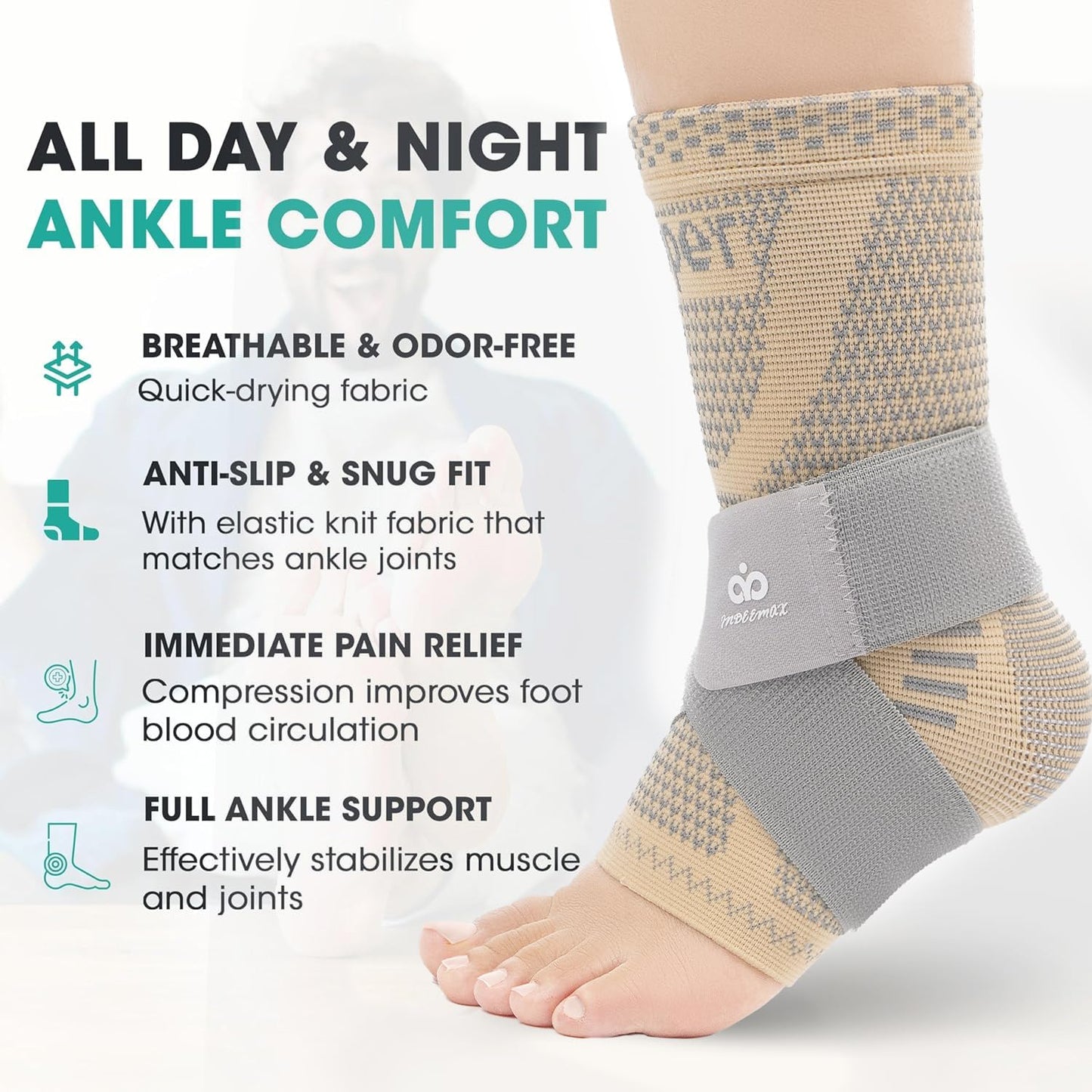 INDEEMAX Ankle Brace for Sprained Ankle Compression Sleeve, 2 Pack Copper Infused Ankle Support Brace for Women & Men, Plantar Fasciitis Relief Achilles Tendonitis, Sports Running, Skin Silver, XL