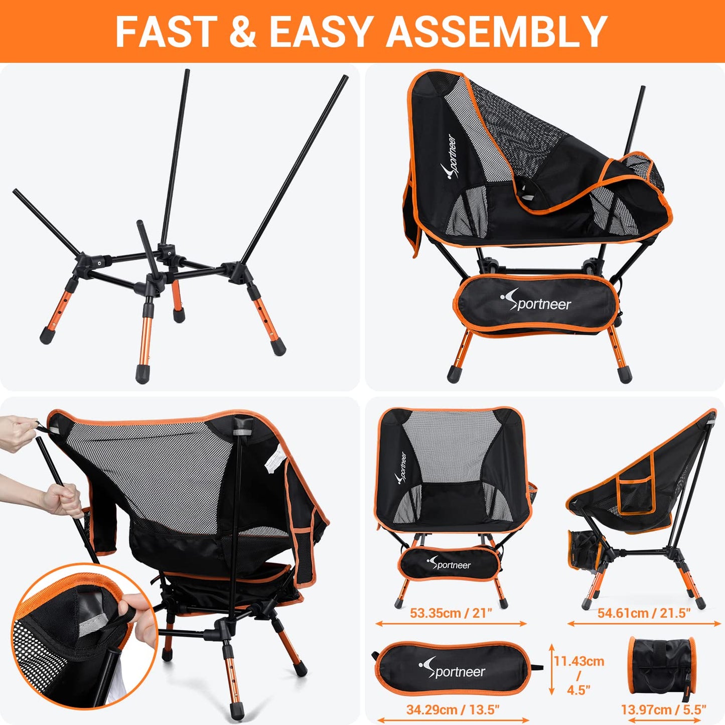 Sportneer Camping Chairs, Folding Chairs for Outside Adjustable Height Beach Chair for Adults Portable Camp Chairs Foldable Compact Backpacking Chair for Camping Hiking Picnic Outdoor (2, Orange)