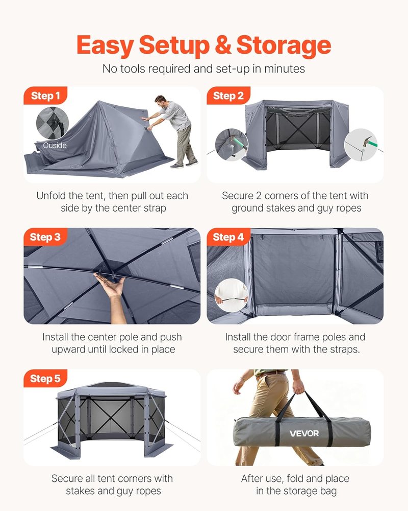 Pop Up Gazebo Screen Tent - 12x12 ft Large 6-Sided Canopy with Removable Top | Quick-Set, Bite-Proof Sun Shelter for 8-10 Persons, Grey