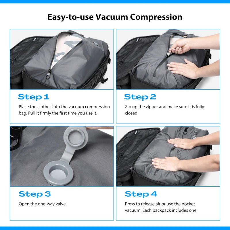 Vacuum Travel Backpack - 70L Expandable Air Backpack with Pump | TSA Lock, USB Charging, Waterproof