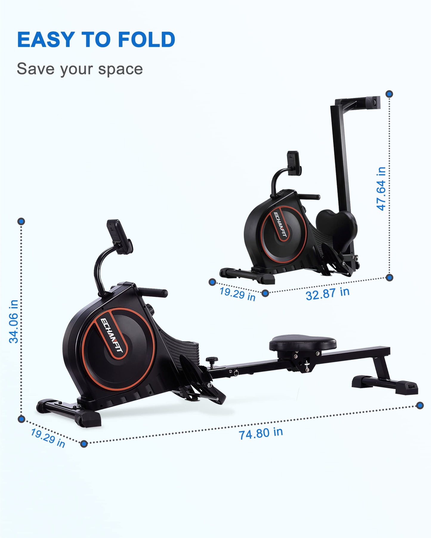 ECHANFIT Magnetic Rowing Machine for Home use，Foldable Rower Whit 350 LB Weight Capacity 16 Levels，Rower Machine Whit Adjustable Resistance LCD Monitor and Tablet Holder