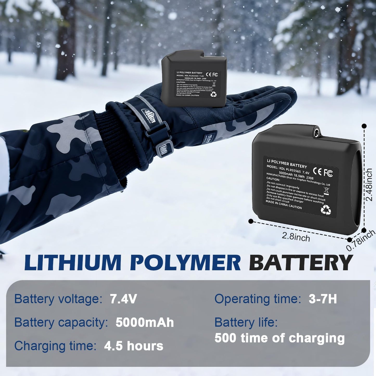 Hczykya 7.4V 5000mAh Lithium Polymer Batteries - 2pcs Rechargeable Li-Polymer Batteries for Heated Gloves Socks Hats Jacks. Support 3.5mm Female DC Jack, Suitable for Skiing, Hunting, Hiking