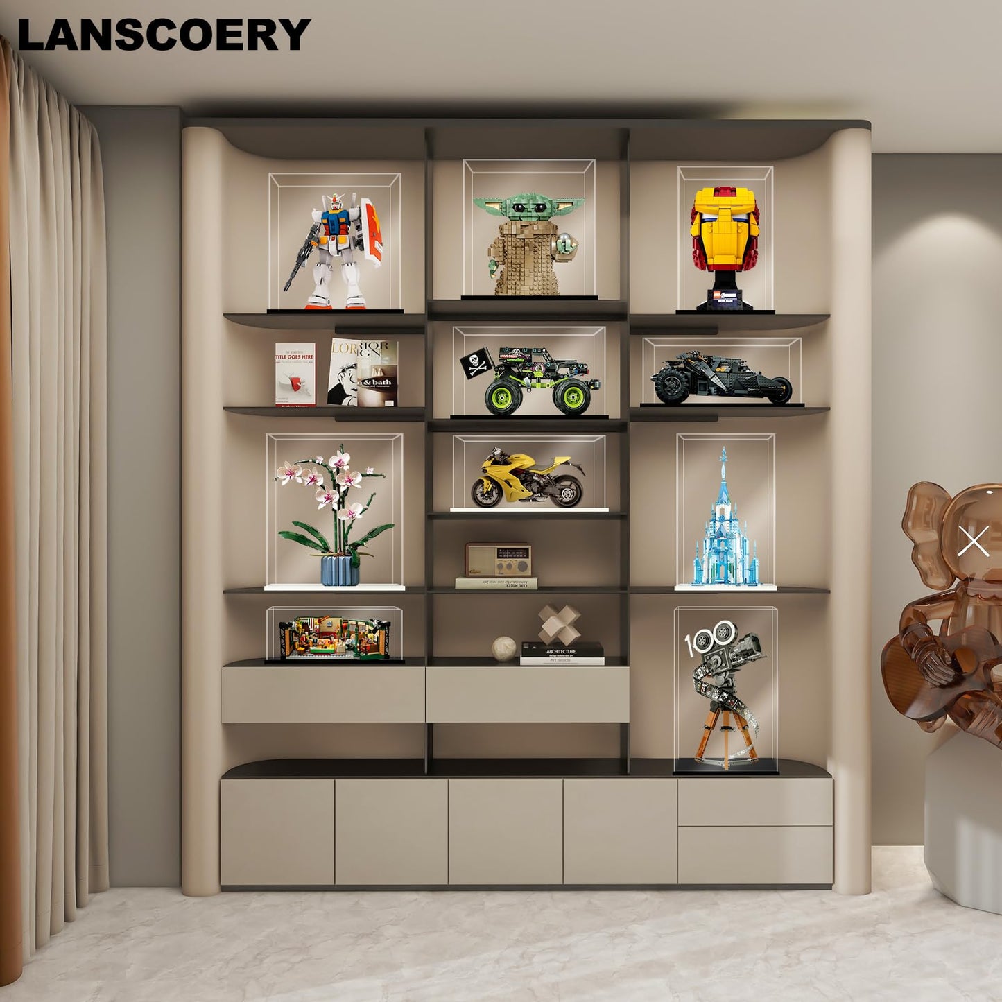LANSCOERY Acrylic Display Case, 10x5x4 in, Upgraded Thickened UV-Resistant Showcase, 98% Clarity Dustproof Box with Glossy Black Base for Action Figures, LEGO & Models, Includes Scraper & LED Light