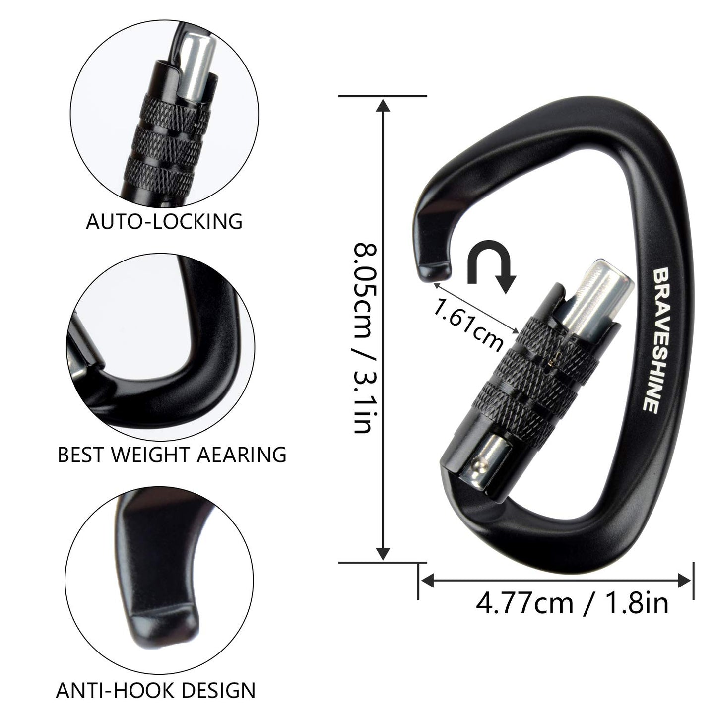 Aluminum Locking Carabiners D Shape Buckle Hooks for Hammocks or Dog Leash Use