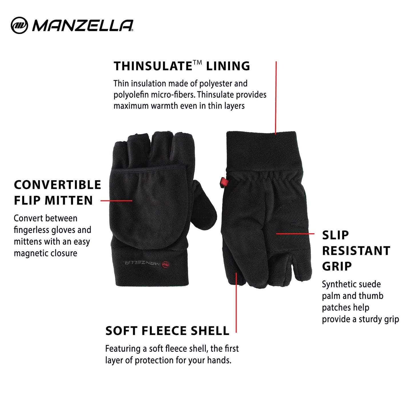 Manzella Men's Fleece Cold Weather Convertible Cascade Glove With Thinsulate