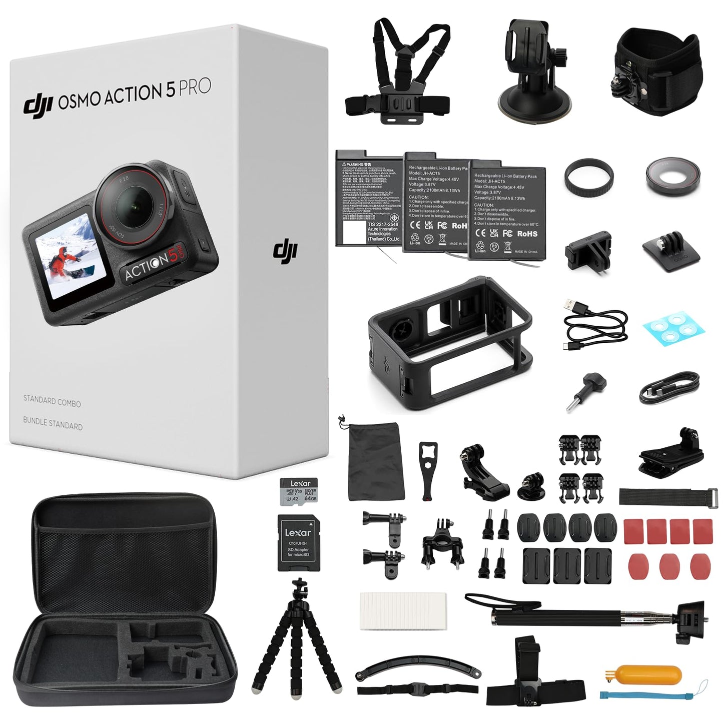 DJI Osmo Action 5 Pro Waterproof Action Camera Bundle, 1/1.3" Sensor