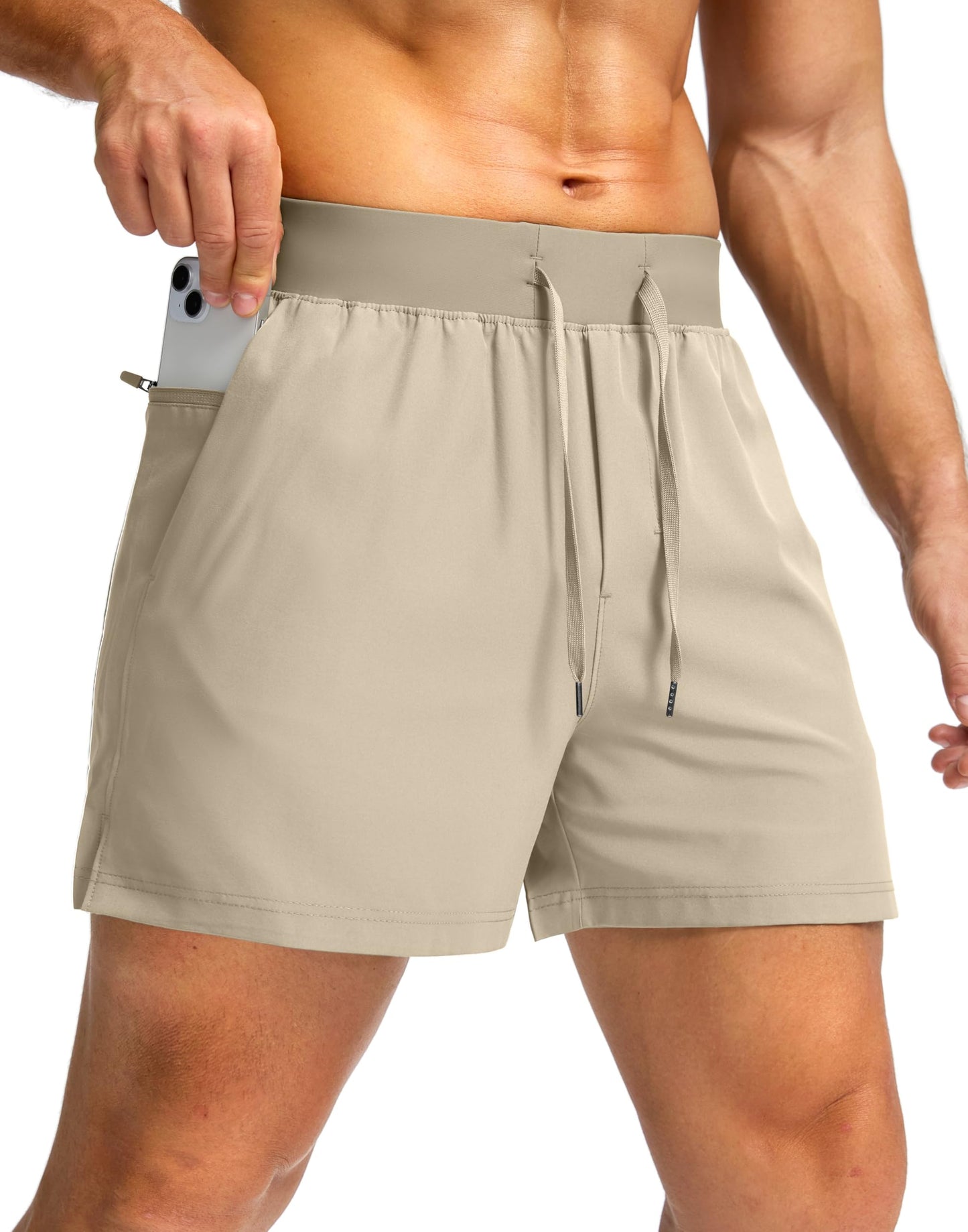 Soothfeel Men's Running Shorts with Zipper Pockets 9"/ 7"/ 5" Lightweight Quick Dry Basketball Gym Workout Athletic Shorts for Men (Khaki, XXL)