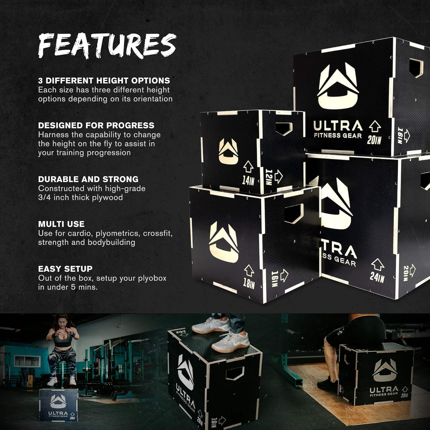Ultra Fitness Gear Wooden Plyo Box, 31 Plyometric Jump Training Squat, Step Up, Jumps & More Workout Size S, M, L, XL, Home Gym Exercise Equipment (Black Anti-Slip, Small 16/14/12)