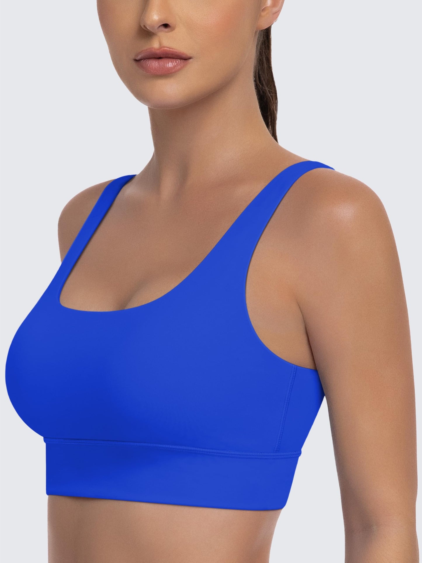 MIRITY 3-Pack Scoop Neck U Back Sports Bras for Women - Low Impact Padded Workout Yoga Crop Top Black White Blue Large