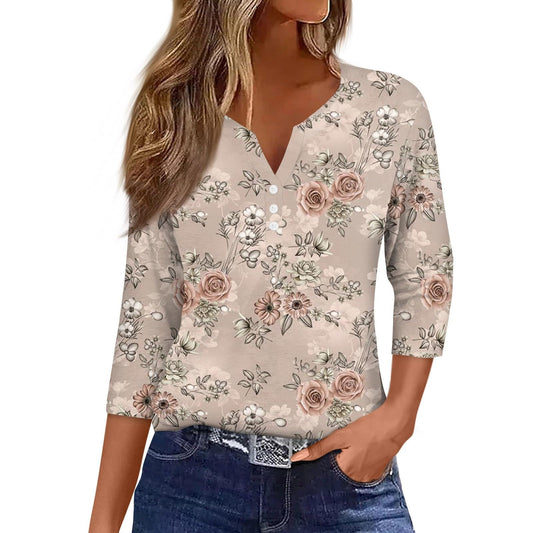 Summer Plus Size Shirts for Women Button V Neck 3/4 Sleeve Tops Dressy Henley Floral Print Tees Tunic Casual Blouses