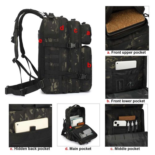 Yusudan Military Tactical Backpack for Men Women, 3 Day Assault Pack Army Molle Bag Hiking Backpacks (CP Black)