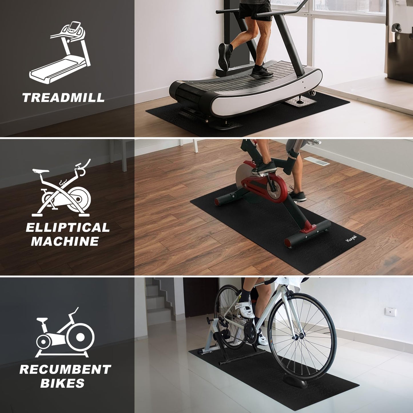 Kuyal Bike Mat Compatible with Recumbent Bikes & Treadmill & Elliptical Machine, Protect Hardwood Floor Carpet, 30X60 in Floor Thick Mats 6mm for Exercise Equipment - Gym Flooring