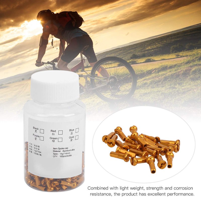 Keenso Spoke Nipples, 100 Pcs Aluminum Alloy Spoke Spoke Nipples Spoke Cover Cycling Accessory(Gold)