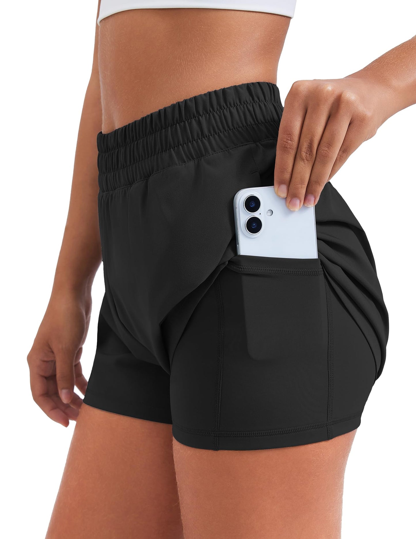 PINSPARK Women's Workout Shorts with 4 Pockets 2 in 1 Running Shorts High Waisted Athletic Shorts 3" Quick Dry Gym Training Shorts Black M