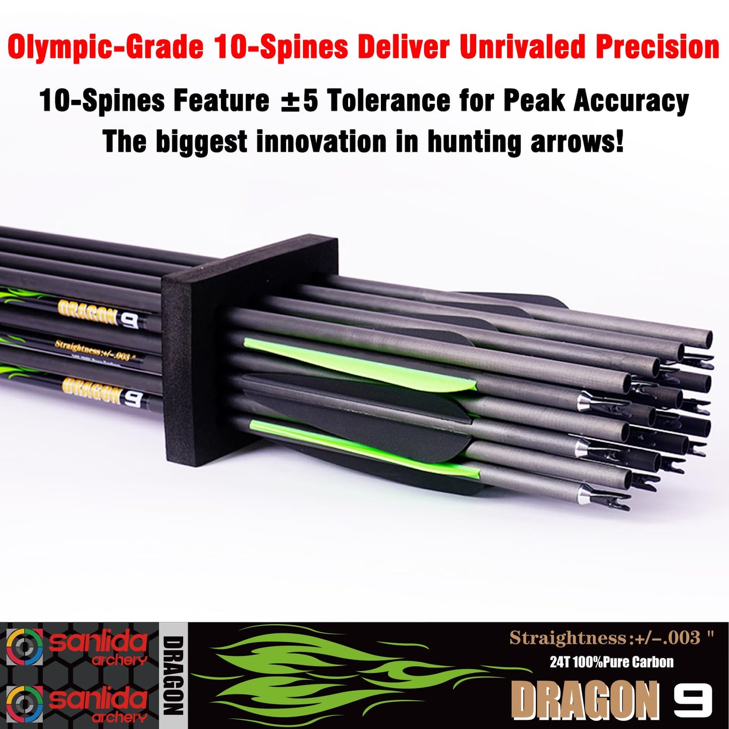 sanlida Dragon 9 24 Pack 100% Pure Carbon Hunting Arrows, 32" Arrows for Compound Bow, Olympic-Grade 10-Spine Precision, ±0.003" Straightness, 0.244" ID, 3" Vanes (340 Spine)