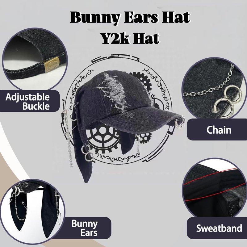 THESSNCE Y2k Hat Punk Hats Denim Bunny Hat Chains Distressed Baseball Cap Kpop Outfits Y2k Grunge Hats for Women