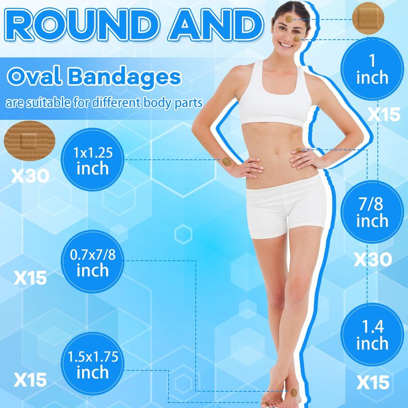 Geiserailie 120 Pcs Small Round Bandage Circle Oval Bandages for Face Fabric Adhesive Flexible Breathable Bandages Fabric for Small Wound Protection Care, 6 Sizes, 7/8'', 1'', 1.4'', 1.5 x 1.75''