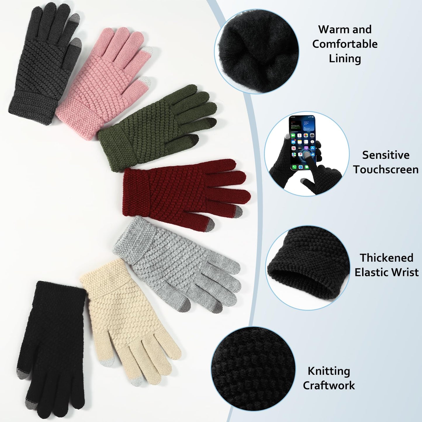 Winter Beanie Hat Scarf Gloves Set, Thick Warm Knit Winter Skull Cap Touch Screen Gloves Neck Scarf for Women Men