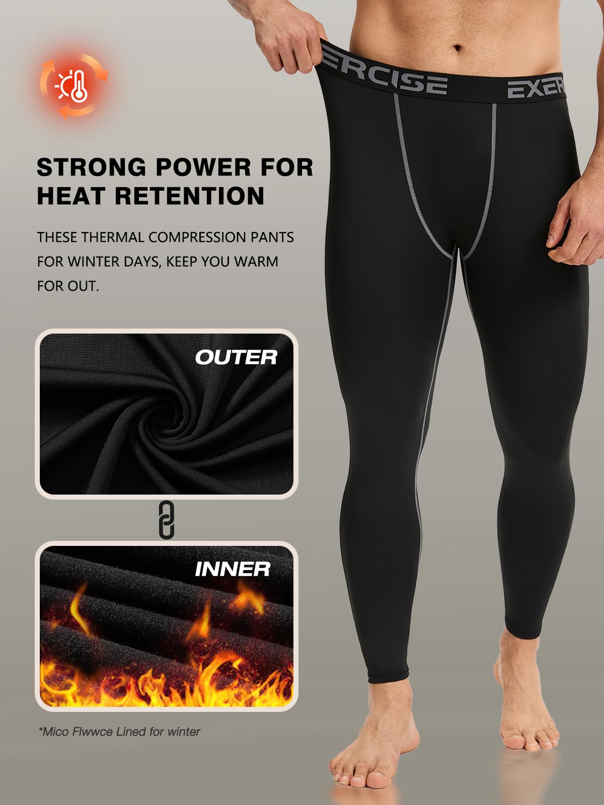 Celfaeree 4 Packs Thermal Underwear for Men Long Johns for Men Thermal Base Layer Mens Fleece Lined Compression Pants 4Black L