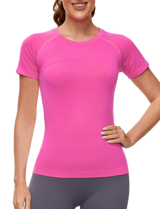 MathCat Workout Shirts for Women Short Sleeve Seamless Yoga Athletic Tees Sports Breathable Gym Athletic Tops Peach Pink